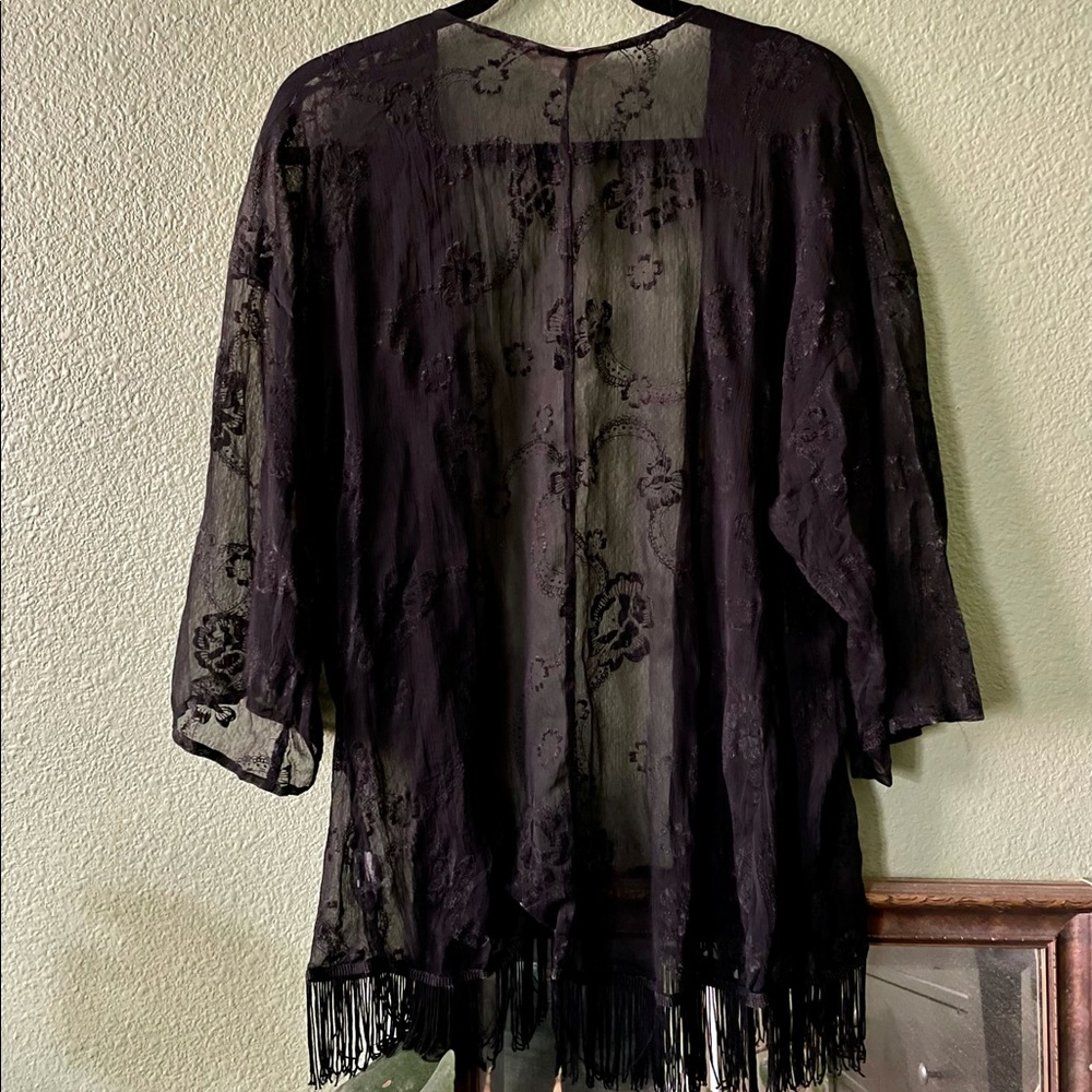 Sheer Black Fringe Kimono Coverup